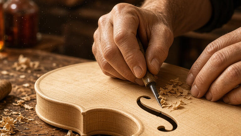 Workshop atmosphere Luthier hands shaping a violin in a workshop